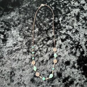 Southwestern Style Faux Turquoise & Leaf Charm Long Silver Tone Boho Necklace